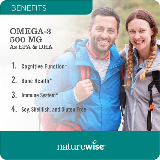 Naturewise Omega 3 Fish Oil - 500 Mg Omega-3 Per Softgel - Epa & Dha - Immune Support, Brain & Heart Health, Optimal Wellness - Gluten-Free, Soy-Free, Non-Gmo - 60 Softgels[2-Month Supply]