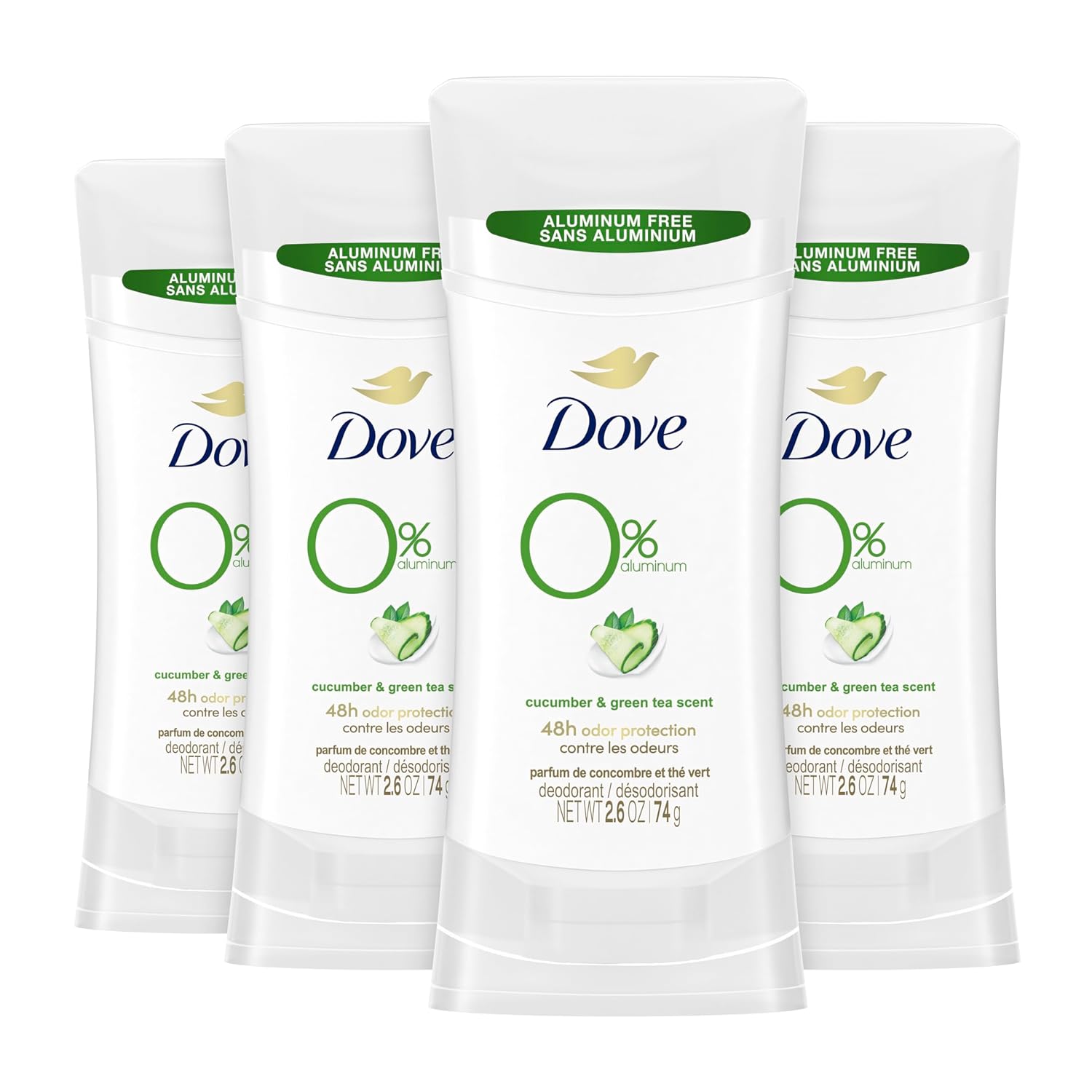 Dove 0% Aluminum Deodorant Stick Cucumber And Green Tea 4 Count Non-Irritating Deodorant For Underarm Care Kindest Aluminum Free Deodorant 2.6 Oz