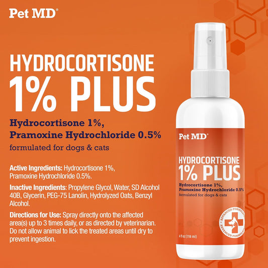 Pet Md Hydrocortisone Spray For Dogs & Cats - Itchy Skin Relief From Hot Spots, Bites, Scrapes, Irritated Skin, & Dermatitis - 4 Oz Anti Itch Spray With Pramoxine