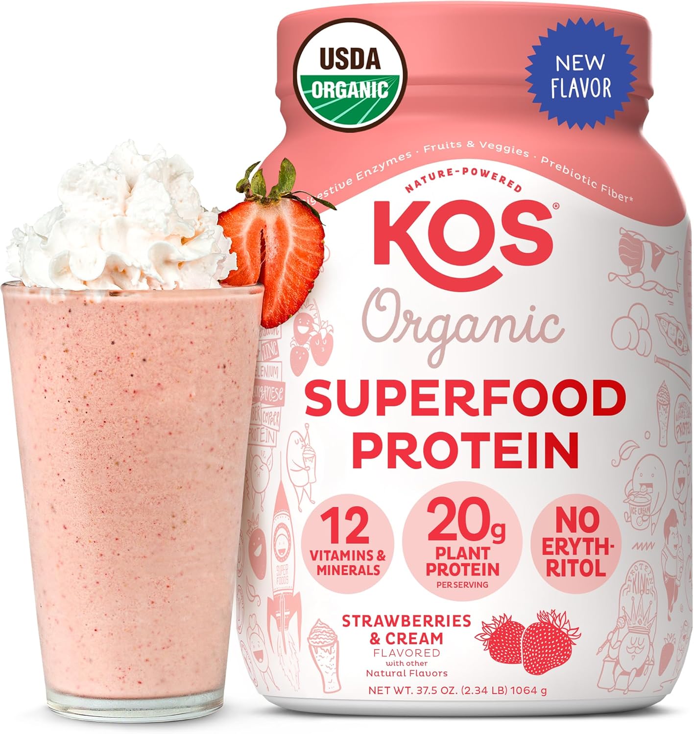 Kos Organic Plant Based Protein Powder - Strawberries & Cream - 28 Serving