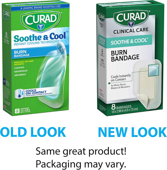 Curad Soothe & Cool Burn Bandages, Instant Cooling Relief, 1.8" X 2.96", 8 Count