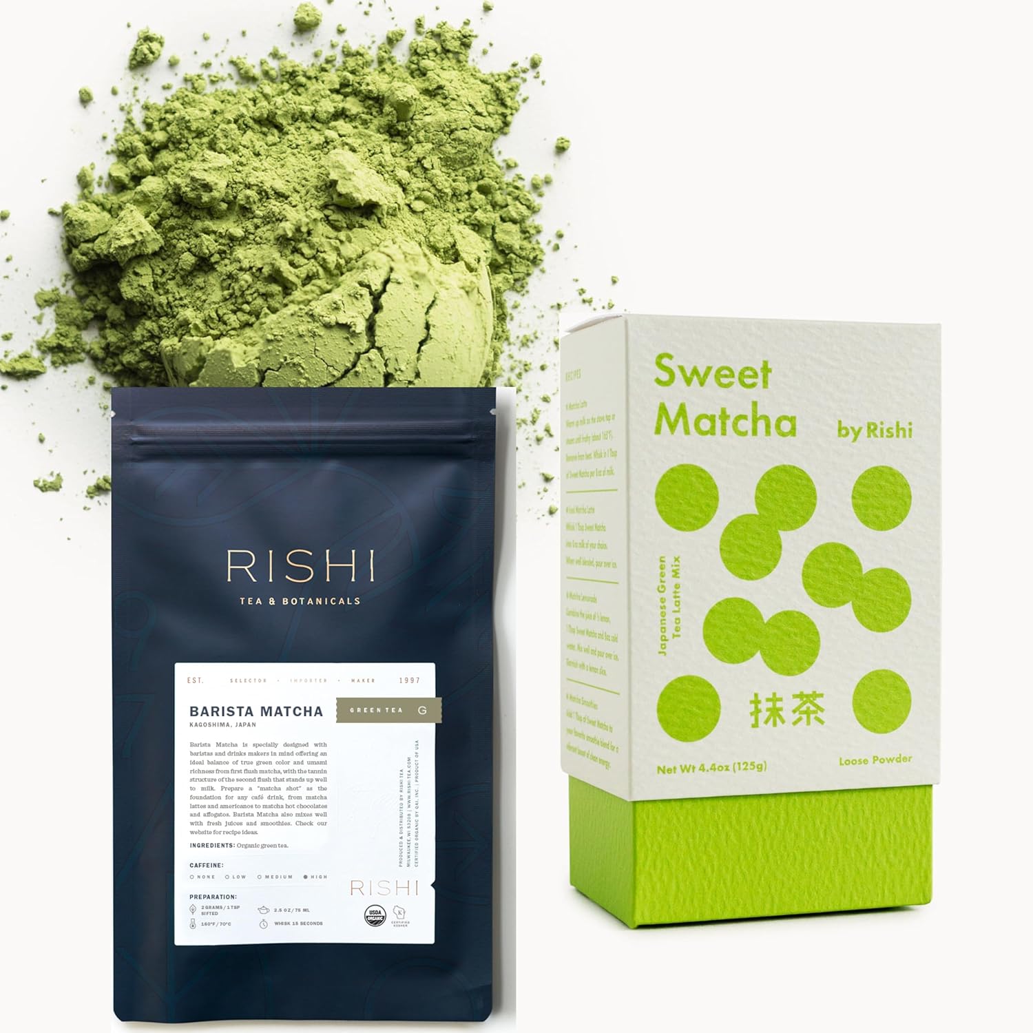 Rishi Tea Barista Matcha & Sweet Matcha Bundle - Organic Japanese Green Tea Powder, Sweetened & Unsweetened, For Hot Or Iced Matcha Latte - 3.52 & 4.4 Ounces