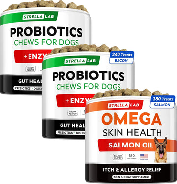 Omega 3 + Probiotics Bundle - Allergy&Itch Relief + Chewable Fiber Supplement - Digestive Enzymes + Prebiotics - Hot Spots Treatment, Anti Itch + Allergy, Diarrhea, Constipation - 420 Ct - Made In Usa