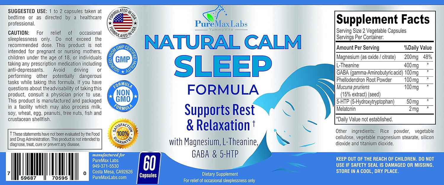 Yummyvite Natural Calm Sleep Aid With Magnesium, L-Theanine, Melatonin, Gaba, 5-Htp | Sleep Aid | Non-Gmo - 60 Capsules : Health & Household