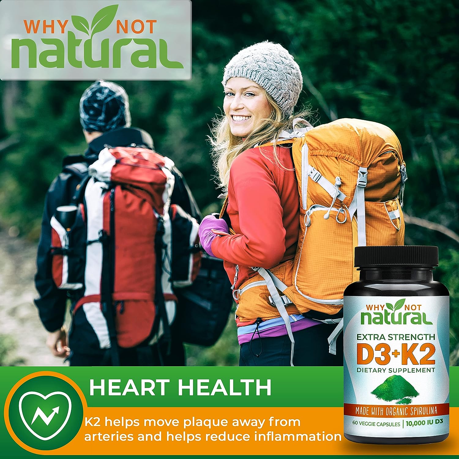 Why Not Natural Vitamin D3 K2 (MK-7) with Organic Spirulina, 10000 IU Extra Strength Supplement in Veggie Capsules, Supports Bone Health, Immune System and Mood : Health & Household