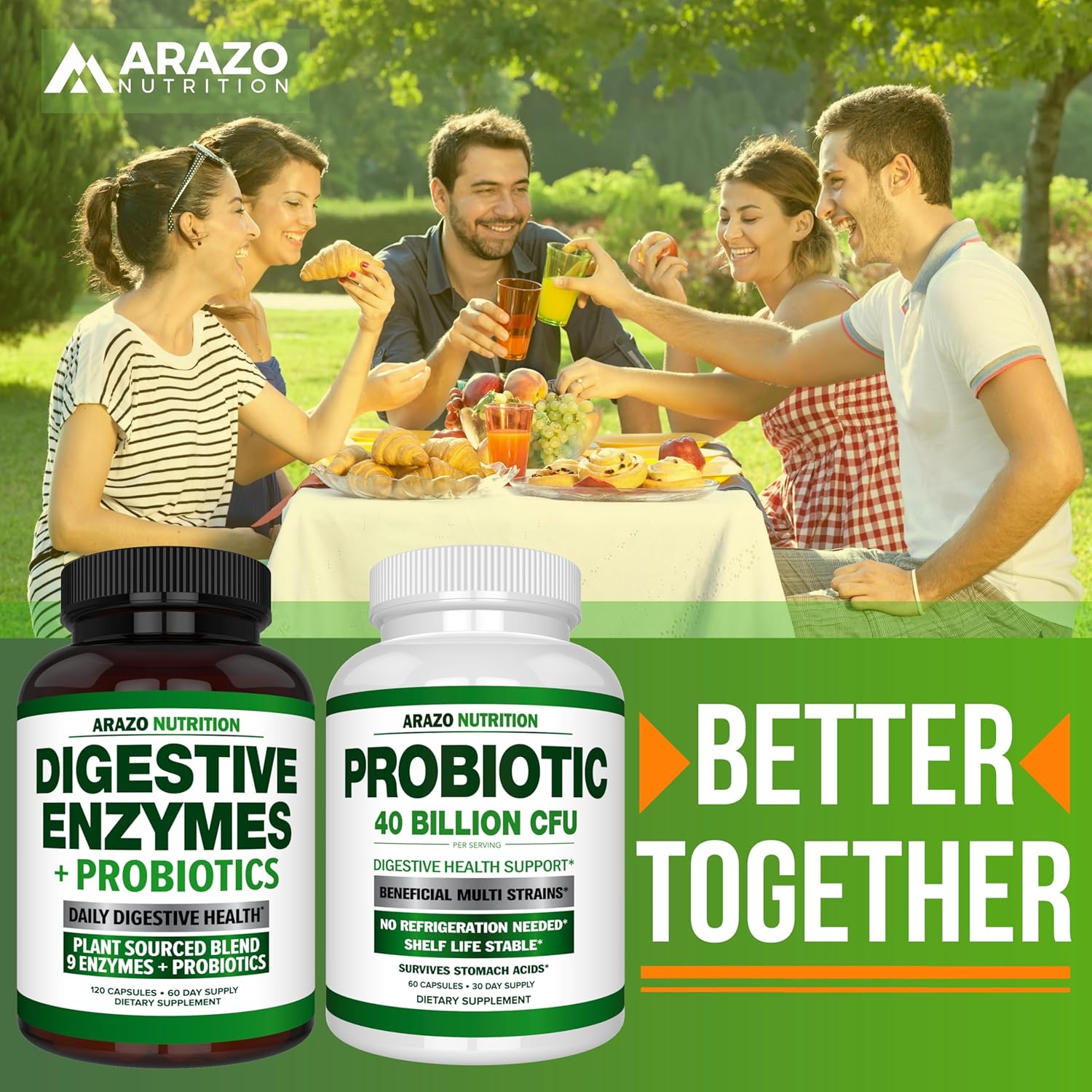 Arazo Nutrition Probiotic 40 Billion Cfu - Shelf Stable With Prebiotics And Acidophilus - Stable Potency Until Expiration – Time Delay Release Probiotics : Health & Household