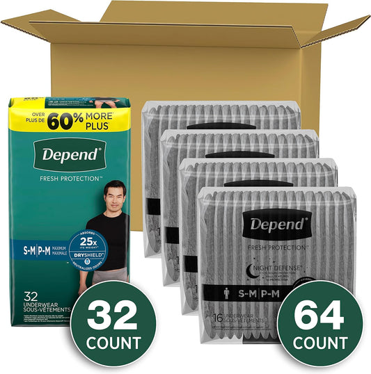 Adult Incontinence Underwear Bundle: Depend Fresh Protection Underwear for Men, Maximum, S/M, Grey, 32 Count and Depend Night Defense Underwear for Men, Overnight, S/M, Grey, 64 Count