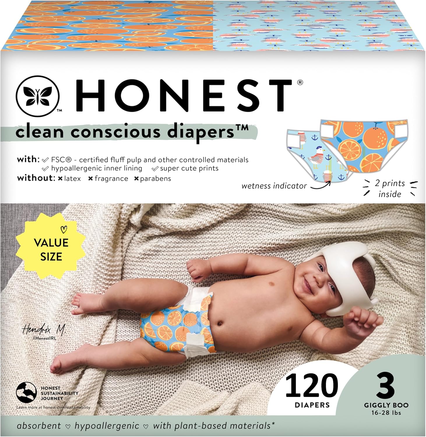 The Honest Company Clean Conscious Diapers | Plant-Based, Sustainable | Orange You Cute + Feeling Nauti | Super Club Box, Size 3 (16-28 Lbs), 120 Count