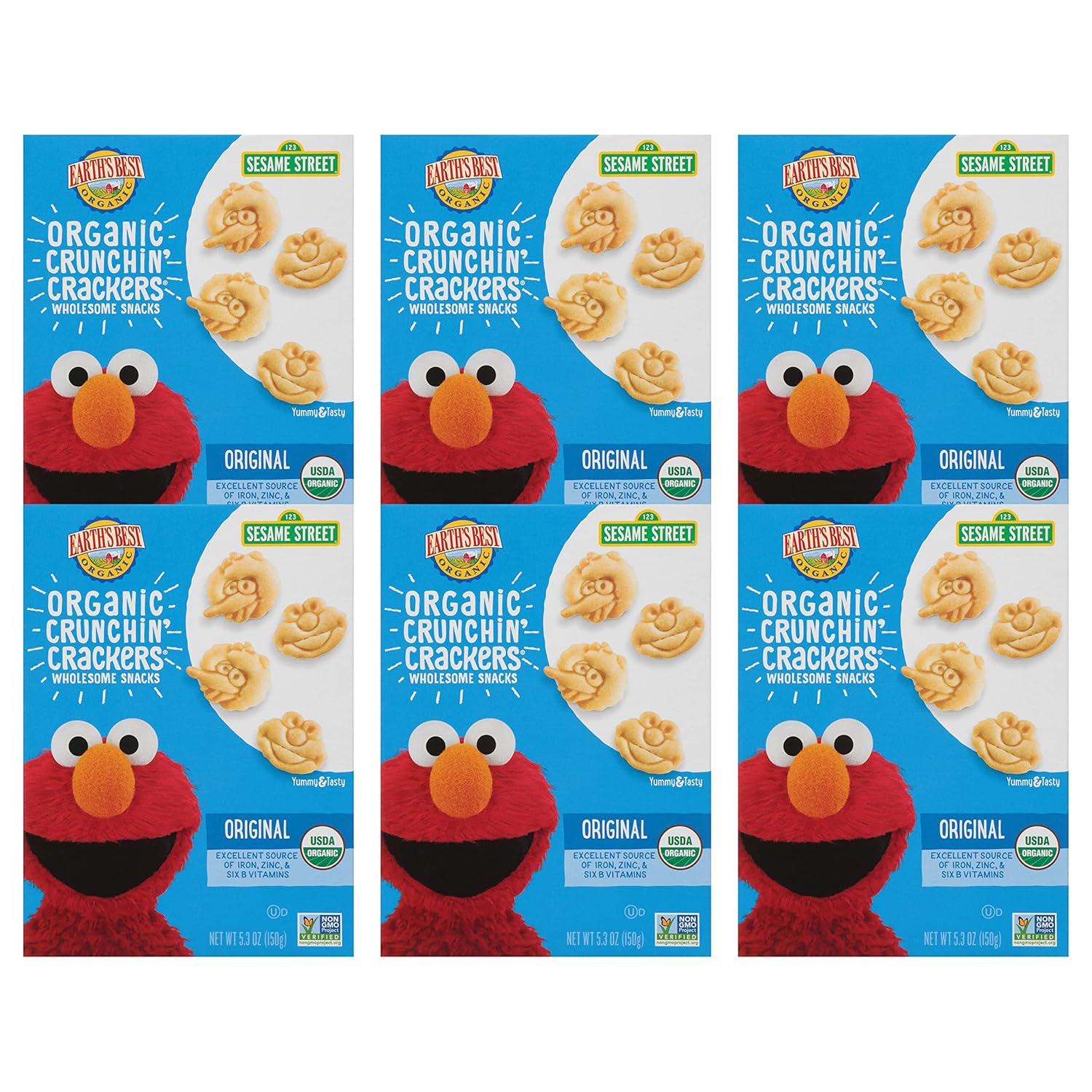 Earth'S Best Organic Kids Snacks, Sesame Street Toddler Snacks, Organic Crunchin' Crackers, Wholesome Snacks For Toddlers 2 Years And Older, Original, 5.3 Oz Box (Pack Of 6)
