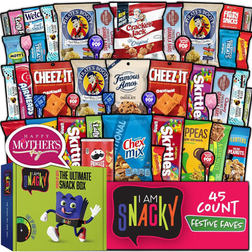 I AM Snacky - Mothers Day Snack Box Variety Pack Care Package + Greeting Card - SNACKY'S FESTIVE FAVES (45 Count) Sweet Treats Gift Basket, Candies Chips Assortment