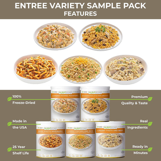 Nutristore Freeze-Dried Entree Variety 5-Pack | Emergency Survival Bulk Food Storage Meal | Perfect for Everyday Meals and Long-Term Storage | 25 Year Shelf Life | USDA Inspected (5-Pack Variety)