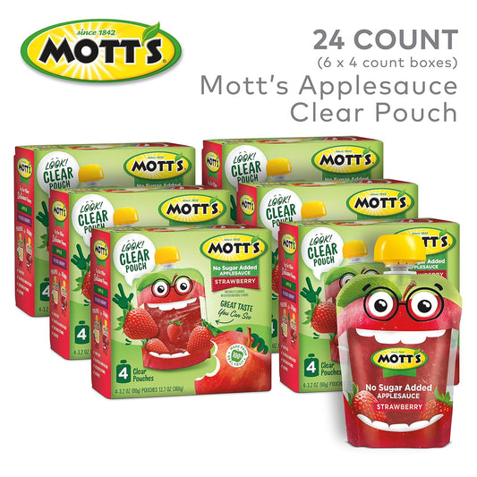 Mott'S No Sugar Added Strawberry Applesauce, 3.2 Oz Clear Pouches, 24 Count (6 Packs Of 4), Good Source Of Vitamin C, No Artificial Flavors