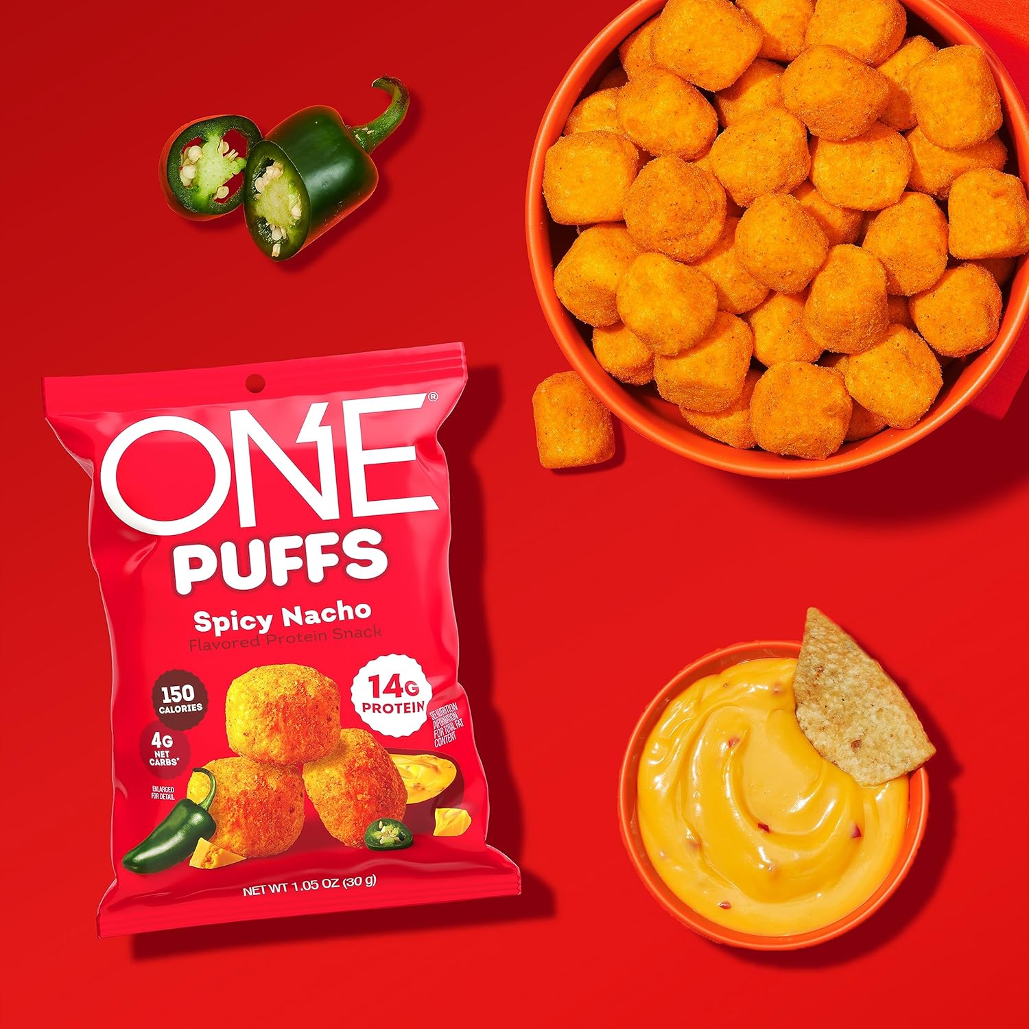 One Puffs, Spicy Nacho Flavor, 14G Of Protein, Protein Snacks For On The Go, 150 Calories Per Snack (10 Pouches)