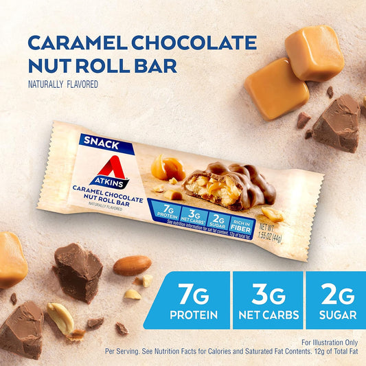 Atkins Caramel Chocolate Nut Roll Snack Bar, Protein Snack, High In Fiber, 2G Sugar, 16 Count