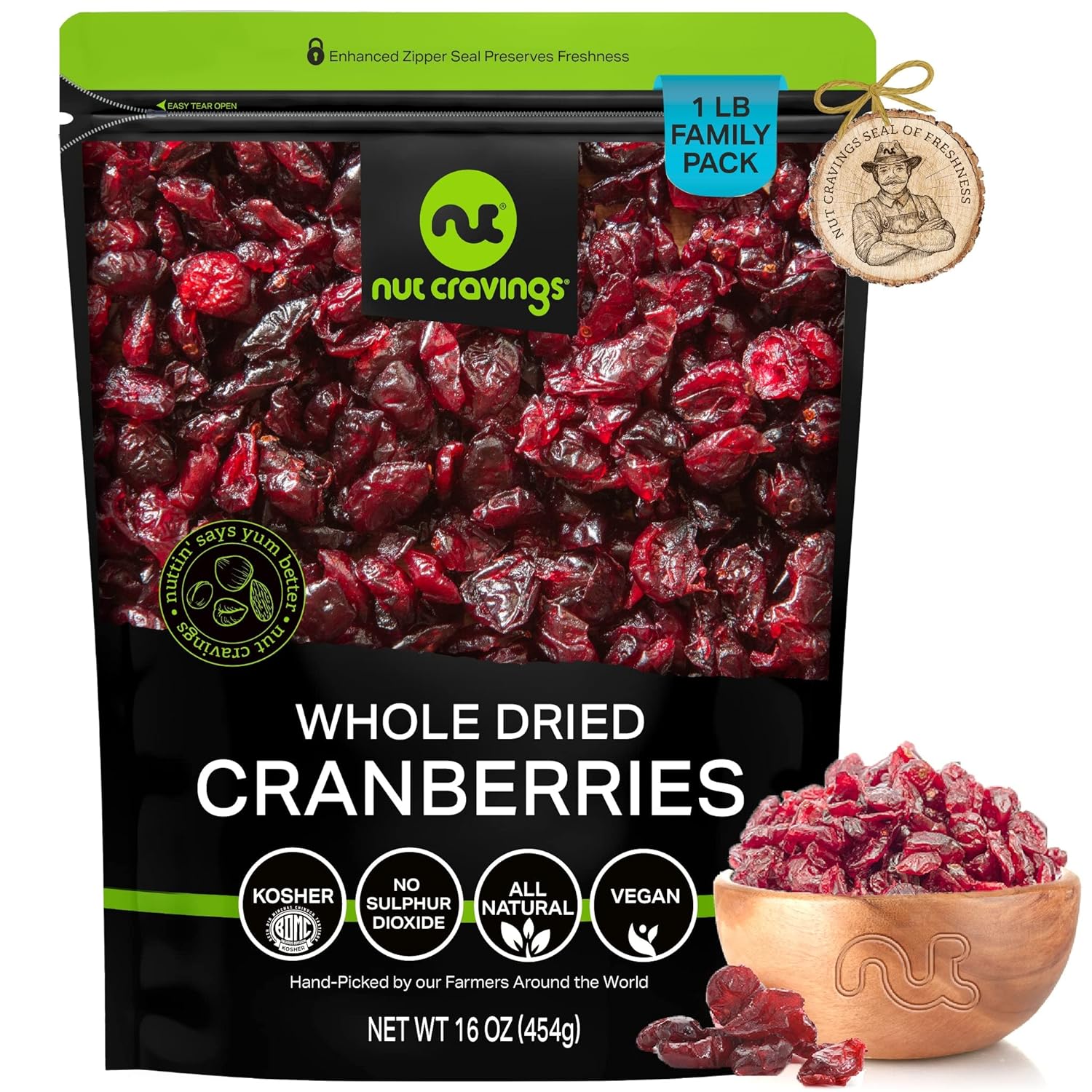 Nut Cravings Dry Fruits - Sun Dried Whole Cranberries, Lightly Sweetened (16oz - 1 LB) Packed Fresh in Resealable Bag - Sweet Snack, Healthy Food, All Natural, Vegan, Kosher Certified