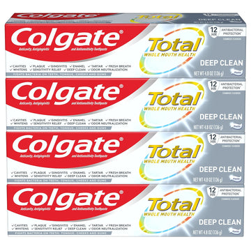 Colgate Total Toothpaste with Stannous Fluoride and Zinc, Multi Benefit Toothpaste with Sensitivity Relief and Cavity Protection, Deep Clean - 4.8 Ounce (4 Pack)