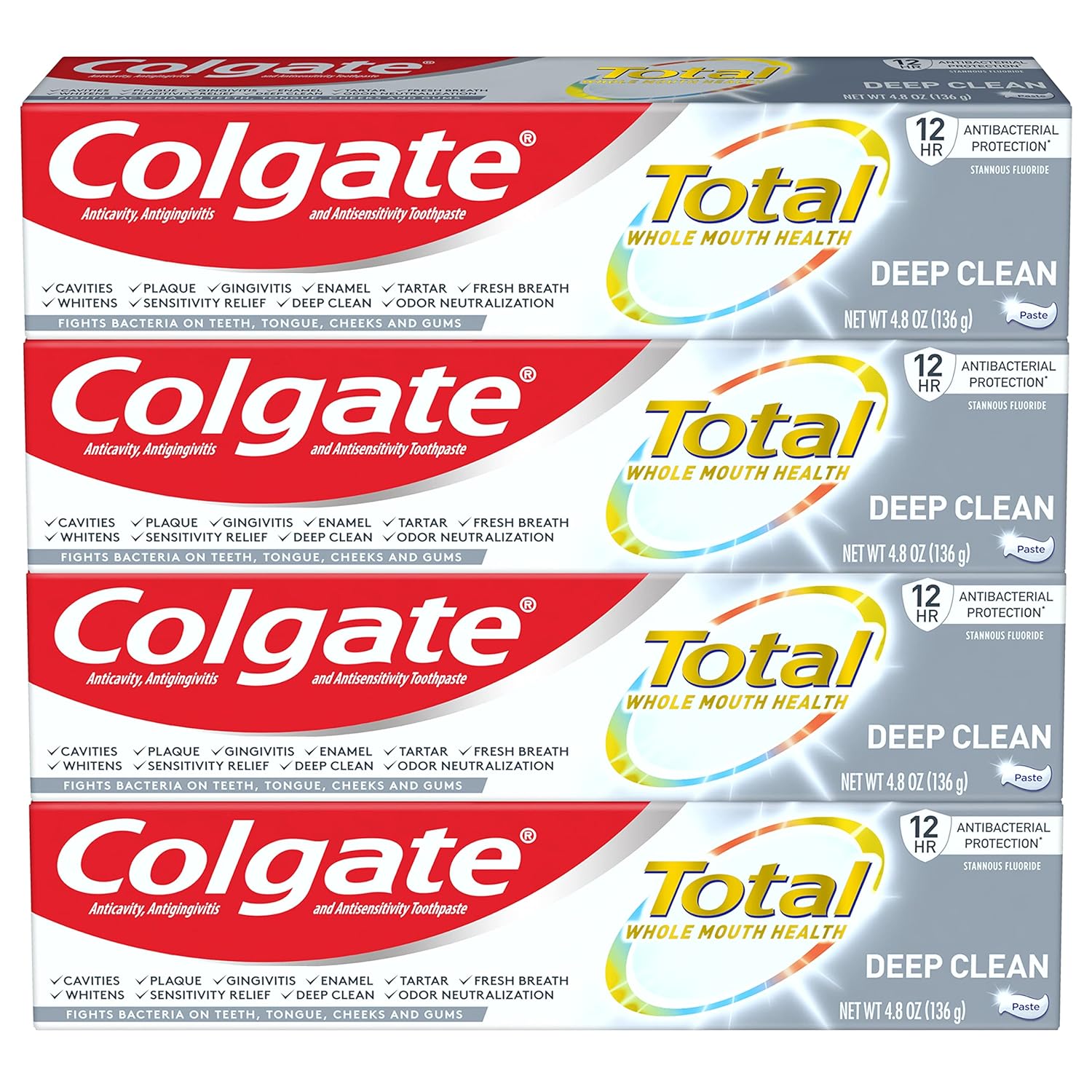 Colgate Total Toothpaste With Stannous Fluoride And Zinc, Multi Benefit Toothpaste With Sensitivity Relief And Cavity Protection, Deep Clean - 4.8 Ounce (4 Pack)