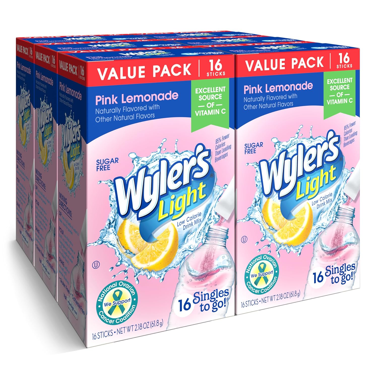 Wyler'S Light Singles To Go Powder Packets, Water Drink Mix, Pink Lemonade, 16 Count, 6 Boxes (96 Single Servings)