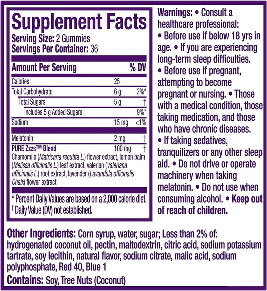 ZzzQuil PURE Zzzs Melatonin Sleep Aid Gummies, Helps You Fall Asleep Naturally, Wildberry Vanilla Flavor, Chamomile Lavender & Valerian Root, 1mg per gummy, 72 Count