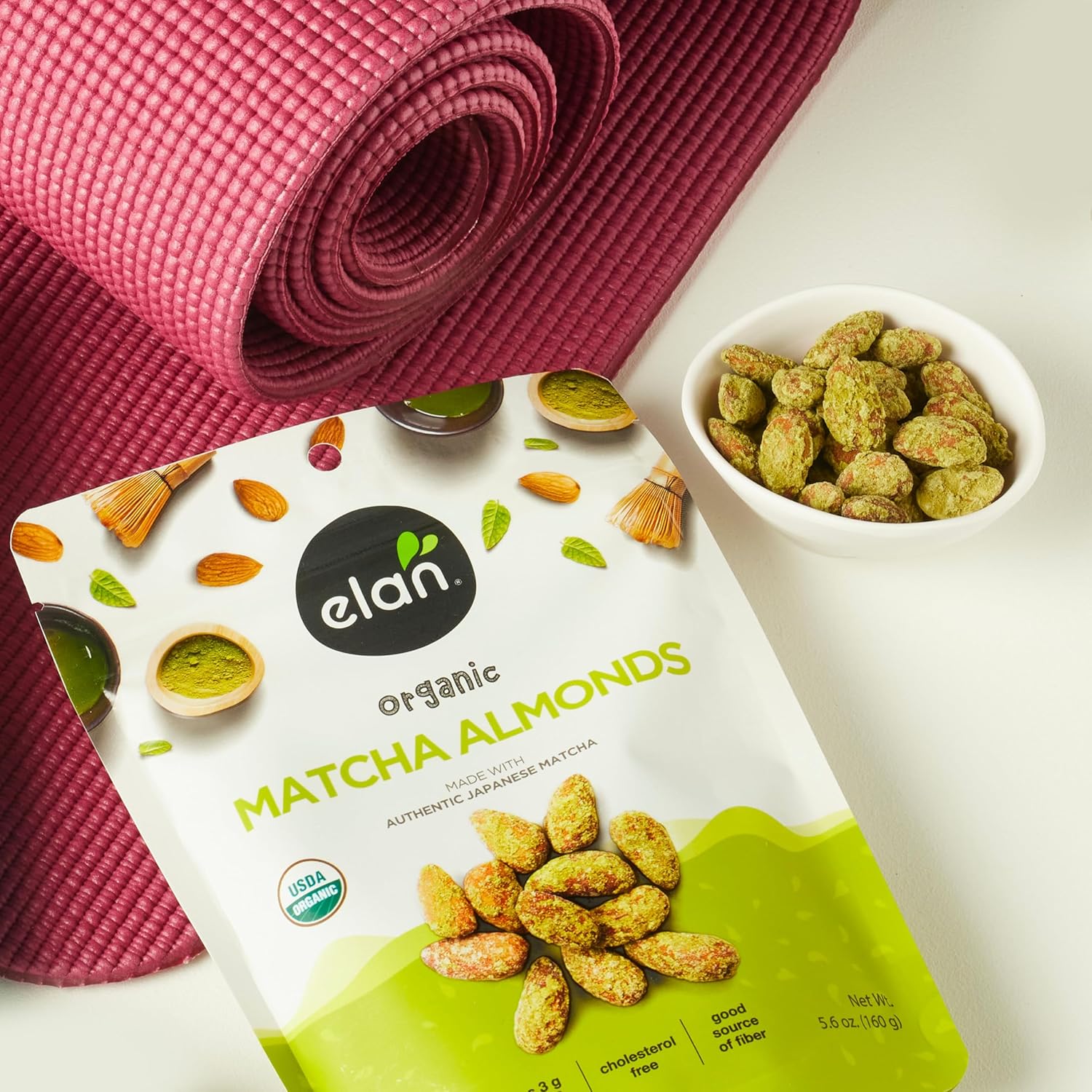 Elan Organic Matcha Almonds, Non-Gmo, Gluten-Free, Vegan, Kosher, Superfood Infused Nuts (Roasted Almonds, Coconut, Matcha Green Tea Powder), Source Of Antioxidants (Vitamin A), 8 Pack Of 5.6 Oz