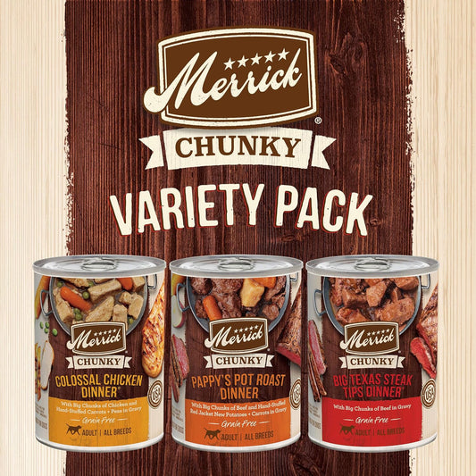 Merrick Chunky Recipes Grain Free Wet Dog Food Variety Pack, Canned Dog Food - (12) 12.7 Oz. Cans