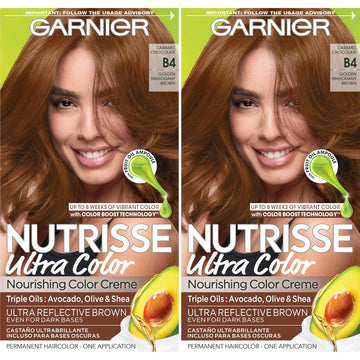 Garnier Hair Color Nutrisse Ultra Color Nourishing Creme, B4 Golden Mahogany Brown (Caramel Chocolate) Permanent Hair Dye, 2 Count (Packaging May Vary)