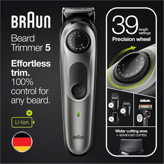 Braun Beard Trimmer Series 5 & Hair Clippers With Gillette Fusion5 Proglide Razor, 39 Length Settings, Uk 2 Pin Plug, Bt5260, Black/Silver