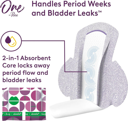 One By Poise Feminine Pads With Wings (2-In-1 Period & Bladder Leakage Pad For Women), Regular, Heavy Absorbency For Period Flow, Light Absorbency For Bladder Leaks, 18 Count