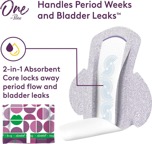 Poise Feminine Pads with Wings (2-in-1 Period & Bladder Leakage Pad for Women), Regular, Heavy Absorbency for Period Flow, Light Absorbency for Bladder Leaks, 18 Count