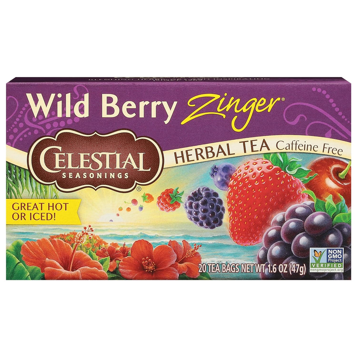 Celestial Seasonings Wild Berry Zinger Herbal Tea, Caffeine Free, 20 Tea Bags Box