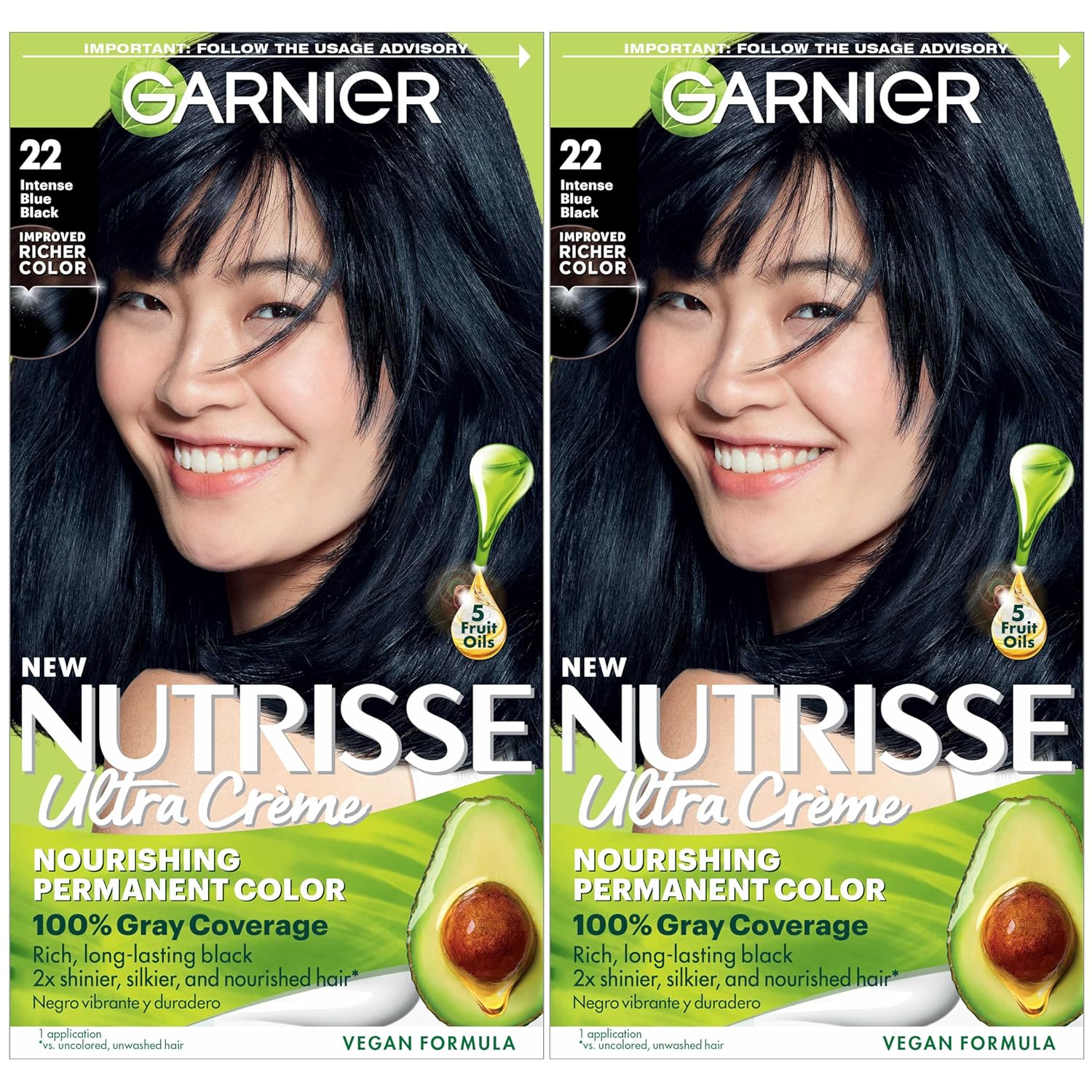 Garnier Hair Color Nutrisse Nourishing Creme, 22 Intense Blue Black (Mulberry) Permanent Hair Dye, 2 Count (Packaging May Vary)