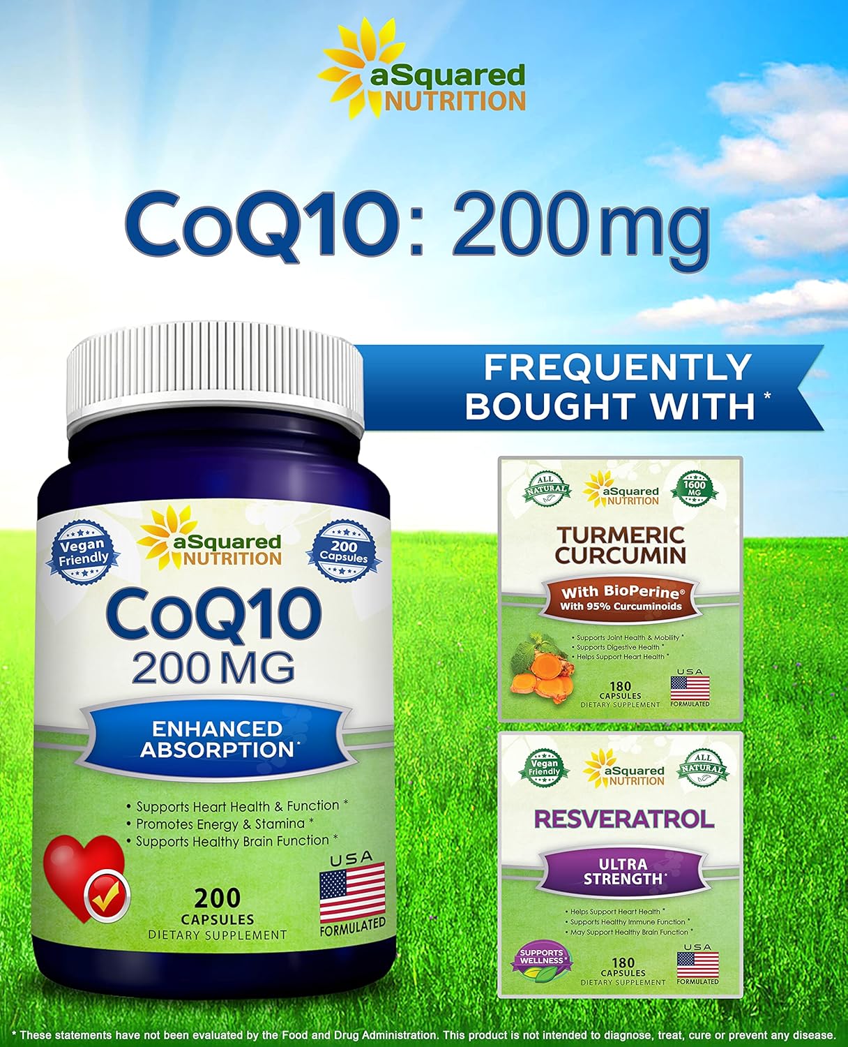 Asquared Nutrition Coq10 200Mg - 60 Capsules - Co Q 10 Supplement - Coenzyme Q10 Ubiquinone Pills - Vegan Coq-10 Extra Antioxidant Vitamin - Alternative To Softgels & Gummies : Health & Household