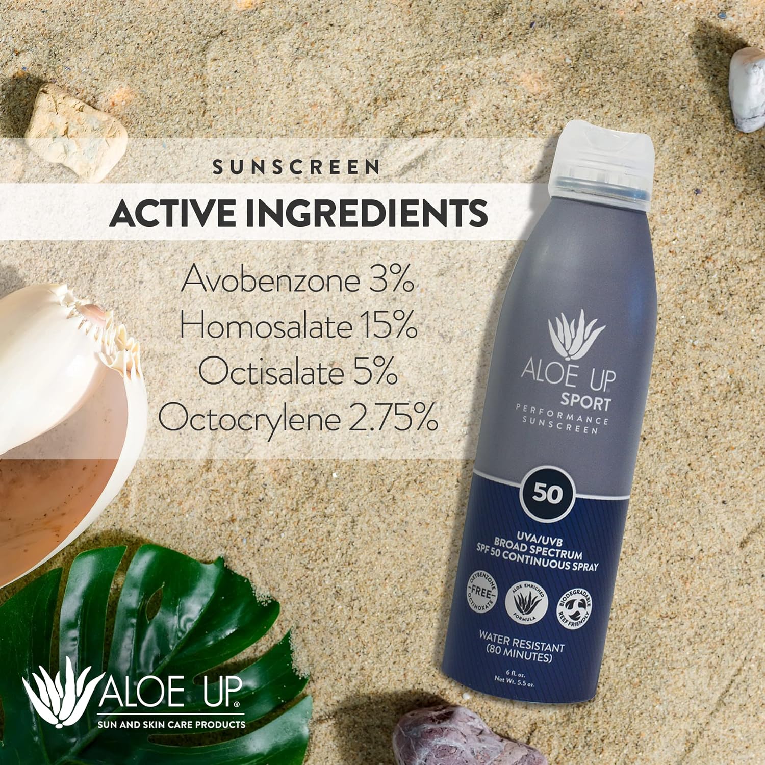 Aloe Up Sport Continuous Spray Sunscreen SPF 50 - Broad Spectrum UVA/UVB Sunscreen Protector for Face and Body - With Aloe Vera Gel - Fast Absorbing Sheer Formula - Reef Safe - Fragrance-Free - 6 Oz : Beauty & Personal Care