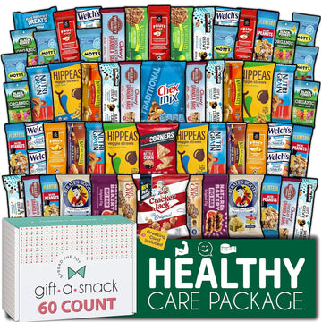 Gift A Snack - Back To School Gifts For Students Healthy Snack Box Care Package + Greeting Card (60 Count) Birthday Treats Gift Basket, Nutritious Granola Breakfast Bars - Food Assortments & Variety