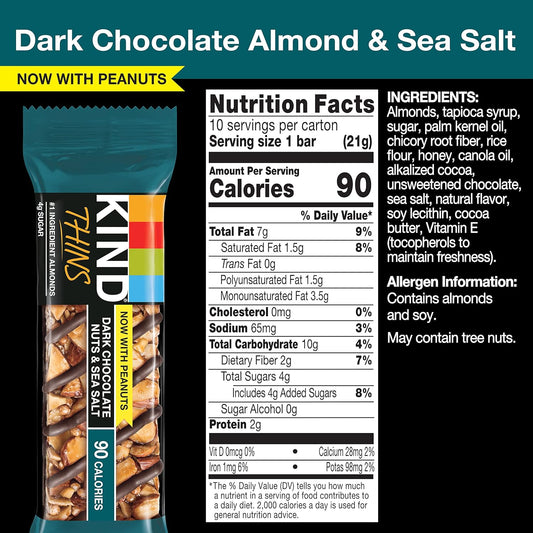 Kind Thins Dark Chocolate Nuts & Sea Salt Bars, 0.74 Ounce, 10 Count, Gluten Free Bars, 4G Sugar (60 Bars)