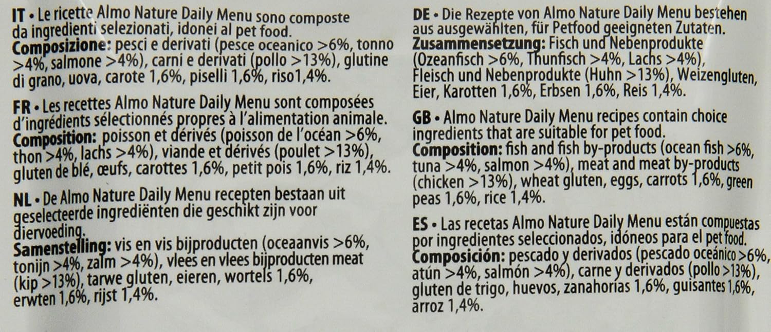 Almo Nature Daily Adult Cat Complete No Gluten Wet Food with Tuna and Salmon - (Pack of 30 x 70g Pouches) & Daily Cat Food with Chicken and Salmon, 70 g, Pack of 30 :Pet Supplies