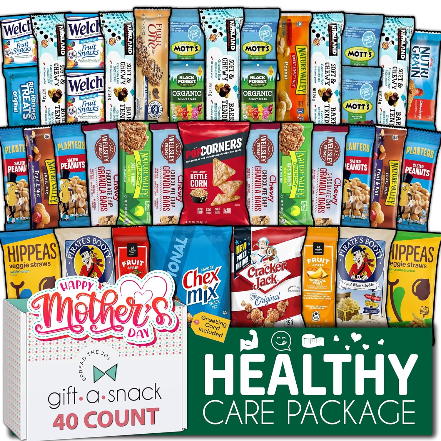 Gift A Snack - Mothers Day Healthy Snack Box Variety Pack Care Package + Greeting Card (40 Count) Treats Gift Basket, Nutritious Granola Breakfast Bars Assortment