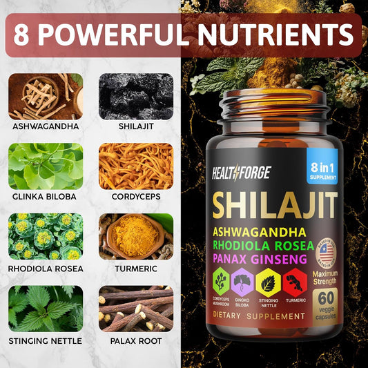 Shilajit Capsules Organic Extract Blend 60 Capsules For Men & Women - Shilajit Supplement 9000Mg Ashwagandha, Immune Support Supplement 2000Mg Rhodiola Supplement, Ginko Ginkgo Biloba
