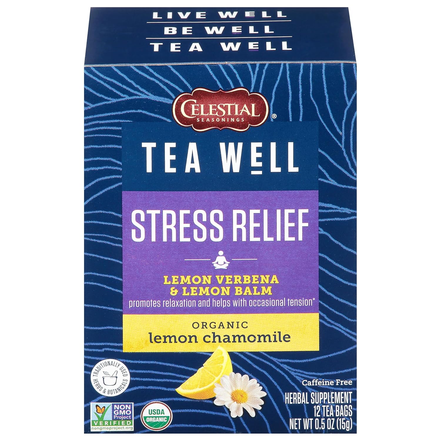 Celestial Seasonings Teawell Herbal Tea, Stress Relief, Lemon Verbena And Lemon Balm, Organic Lemon Chamomile, Caffeine Free Wellness Tea, 12 Tea Bags