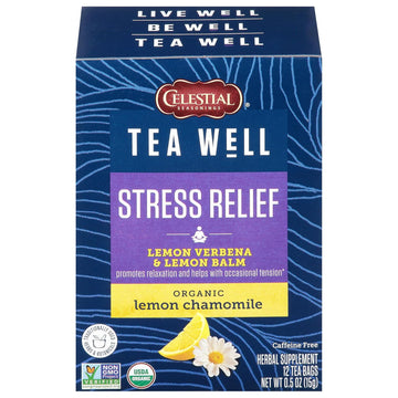 Celestial Seasonings Teawell Herbal Tea, Stress Relief, Lemon Verbena And Lemon Balm, Organic Lemon Chamomile, Caffeine Free Wellness Tea, 12 Tea Bags