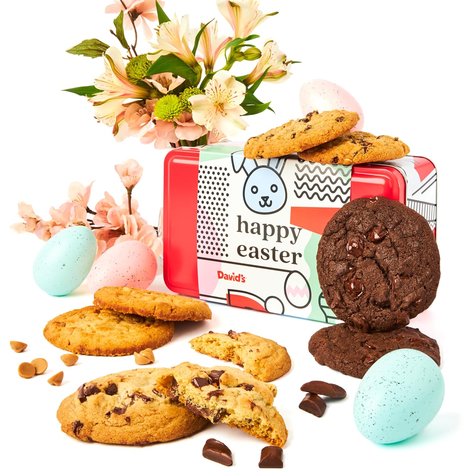 David’S Fresh Baked Assorted Cookies Sweet Sampler In Happy Easter Tin 8 Count - Chocolate Chunk, Peanut Butter Chip, Double Chocolate Chunk & Oatmeal Raisin Flavor, Delicious Gourmet Easter Gift