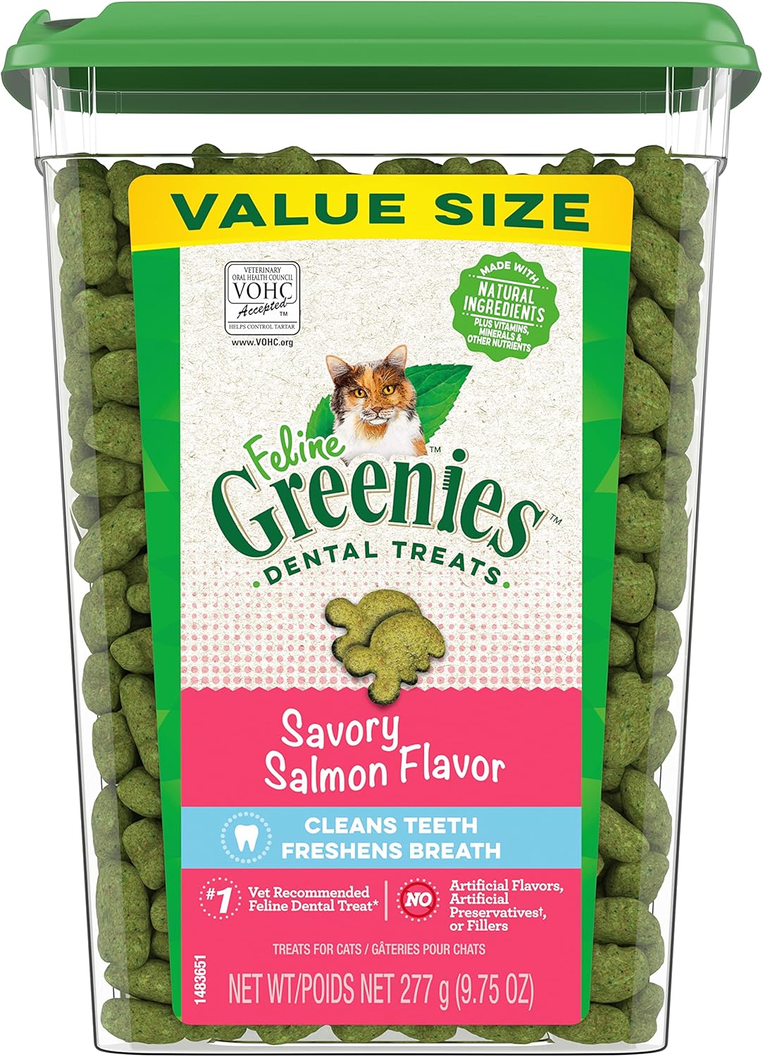 Greenies Feline Adult Natural Dental Care Cat Treats, Savory Salmon Flavor, 9.75 Oz. Tub