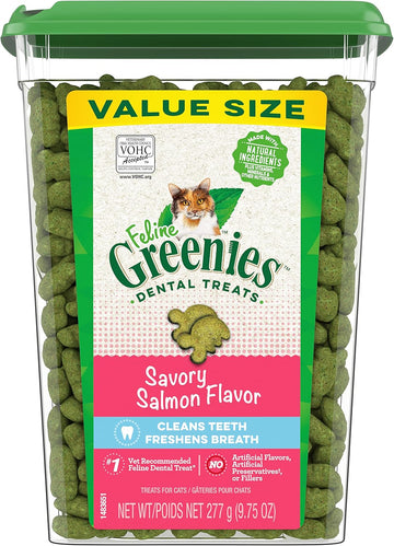 Greenies Feline Adult Natural Dental Care Cat Treats, Savory Salmon Flavor, 9.75 Oz. Tub