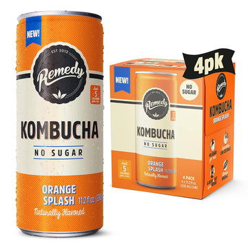 Remedy Kombucha Sugar Free Organic Drink, Low Calorie, Probiotic Like Tea For Gut Health - Orange Splash - 11.2 Fl Oz Can, 4-Pack