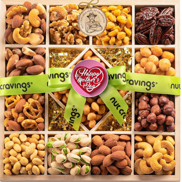 Nut Cravings Gourmet Collection - Mothers Day Mixed Nuts Gift Basket in Reusable Diamond Wooden Tray + Green Ribbon (13 Assortments) Arrangement Platter, Healthy Kosher USA Made