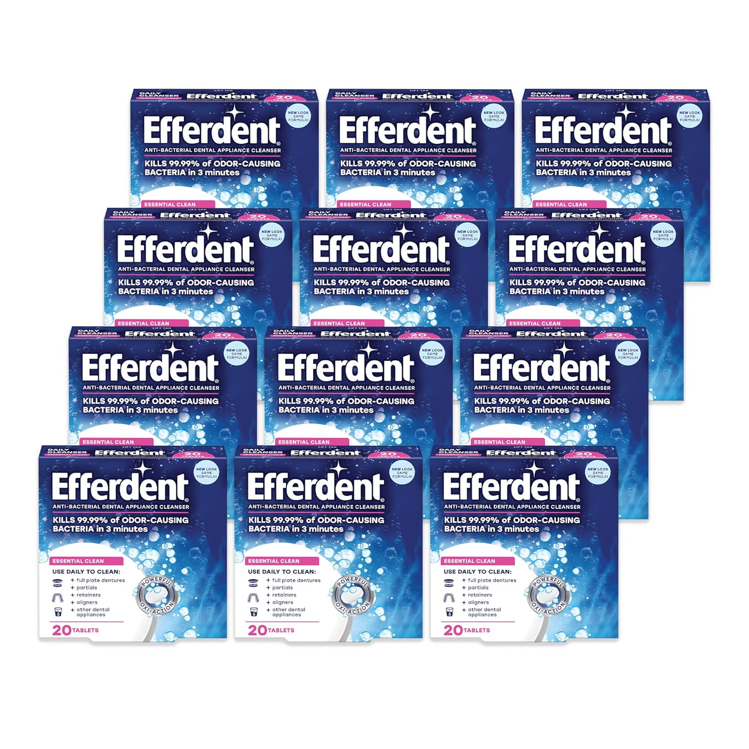 Efferdent Retainer Cleaning Tablets, Denture Cleaning Tablets For Dental Appliances, Essential Clean, 20 Count, 12 Pack