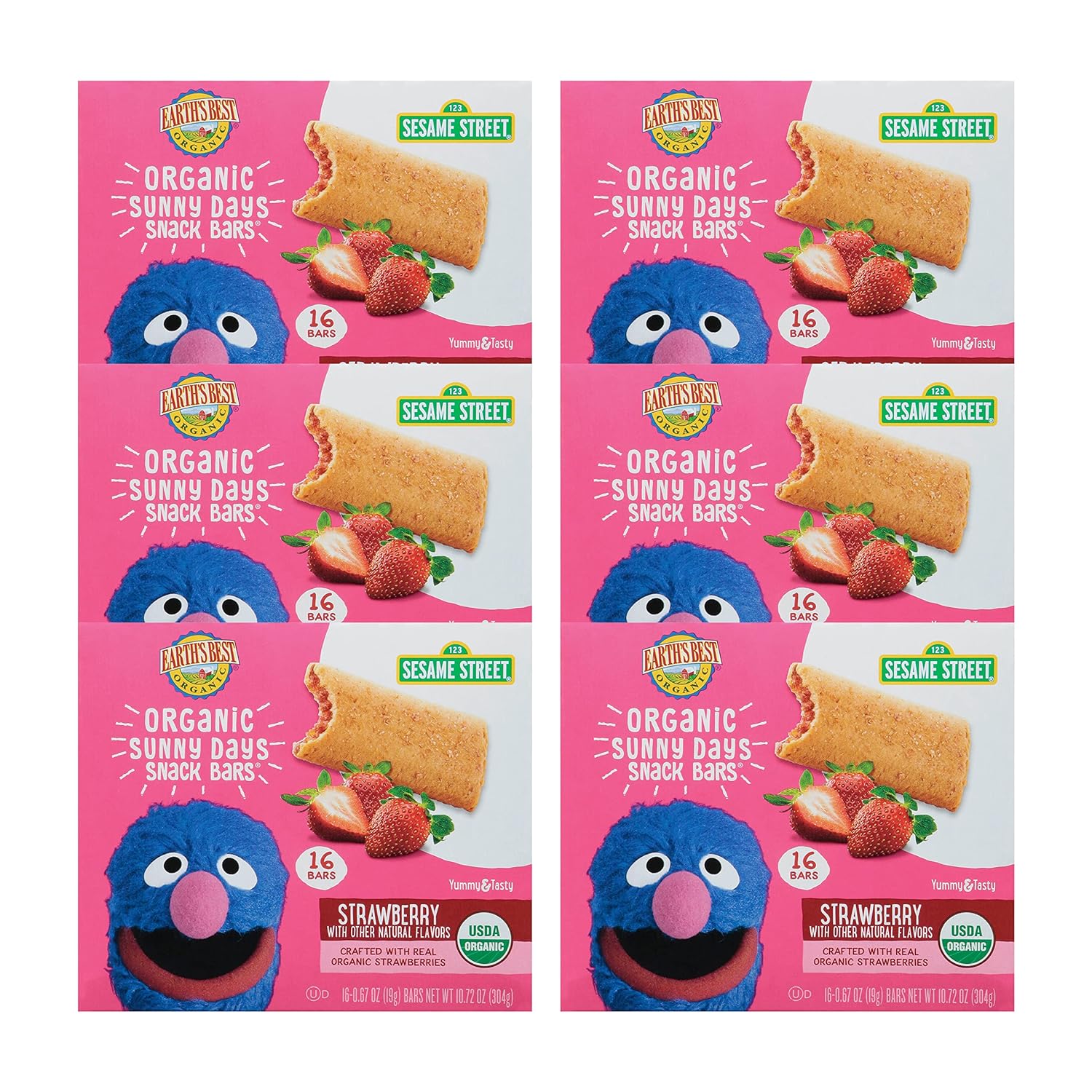 Earth's Best Organic Kids Snacks, Sesame Street Toddler Snacks, Organic Sunny Days Snack Bars for Toddlers 2 Years and Older, Strawberry with Other Natural Flavors, 16 Bars per Box (Pack of 6)