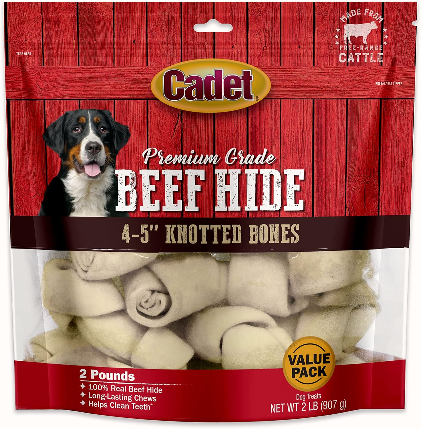 Cadet Premium Grade Beef Hide For Dogs, Long Lasting Rawhide Knotted Bones Single Ingredient Dog Chews, 4"-5" Dog Bones, 2 Pounds