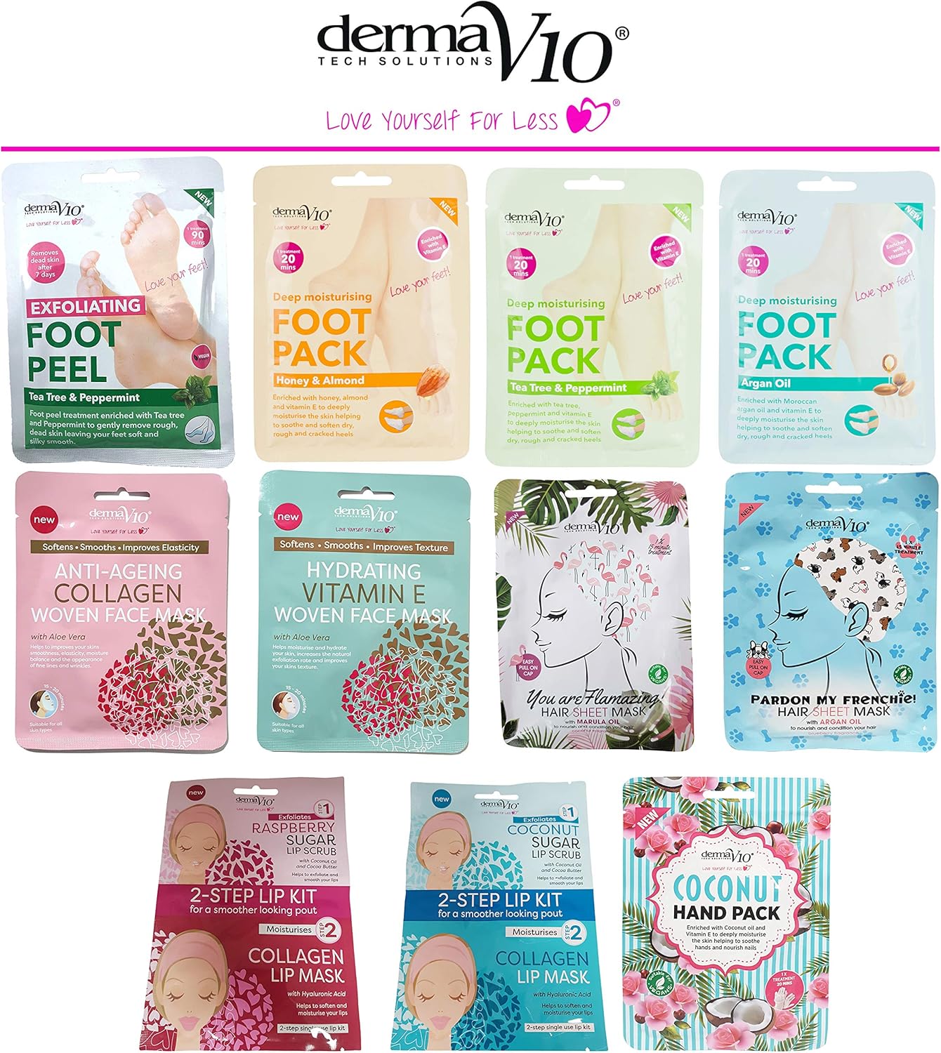 Derma V10 Woven Face Mask With Aloe Vera 6 Pack Bundle (3 X Anti-Ageing Collagen, 3 X Hydrating Vitamin E)
