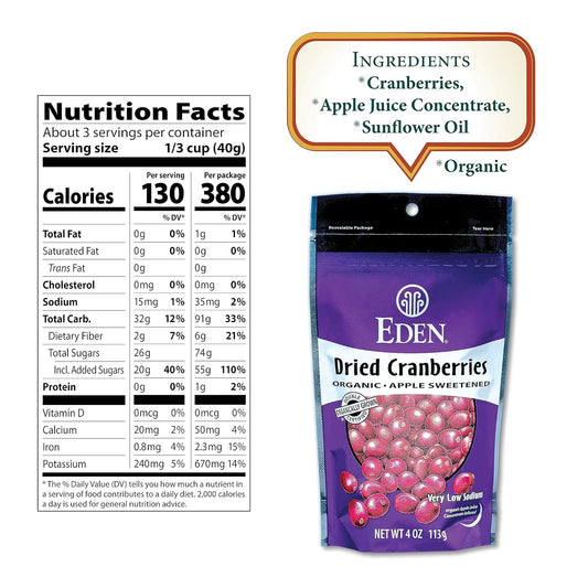 Eden Organic Dried Cranberries, Sweetened With Apple Juice, 4 Oz